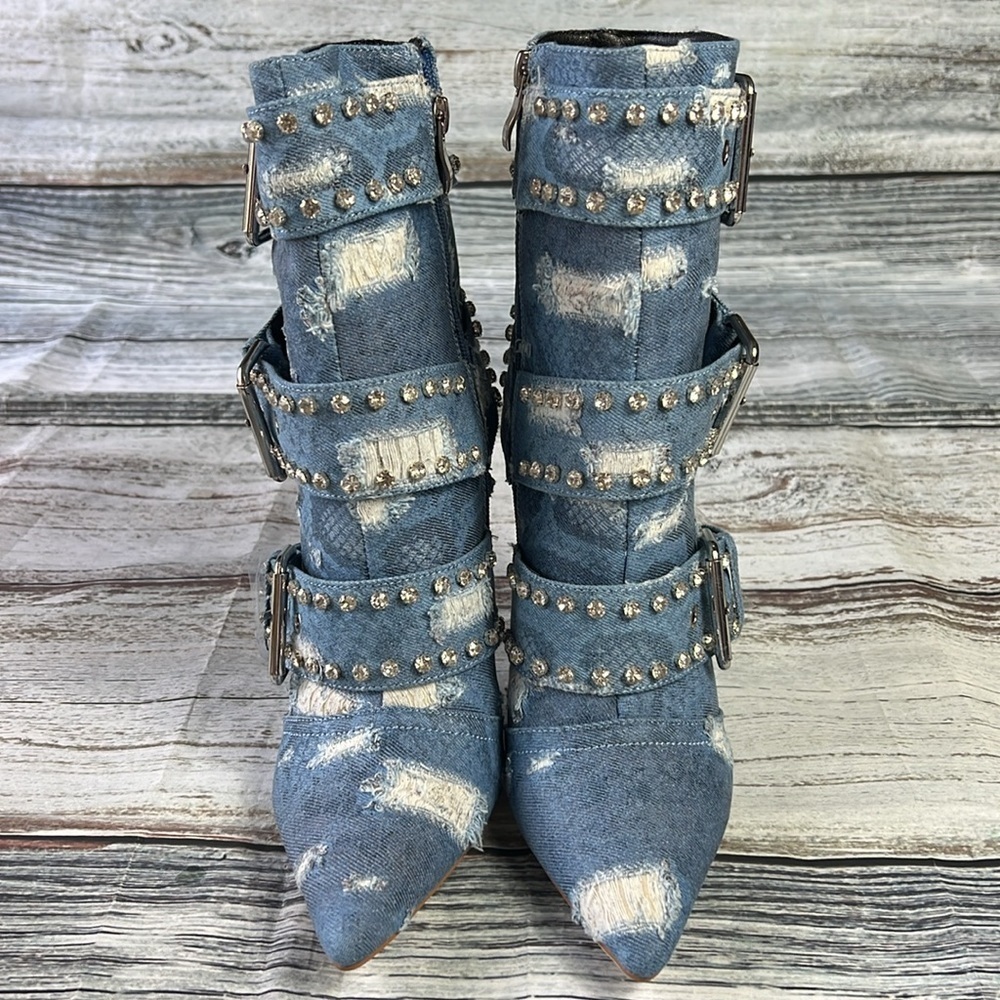 OMINE Women’s Distressed Jean Boots with Buckles, Rhinestone’s and Zipper Size 9